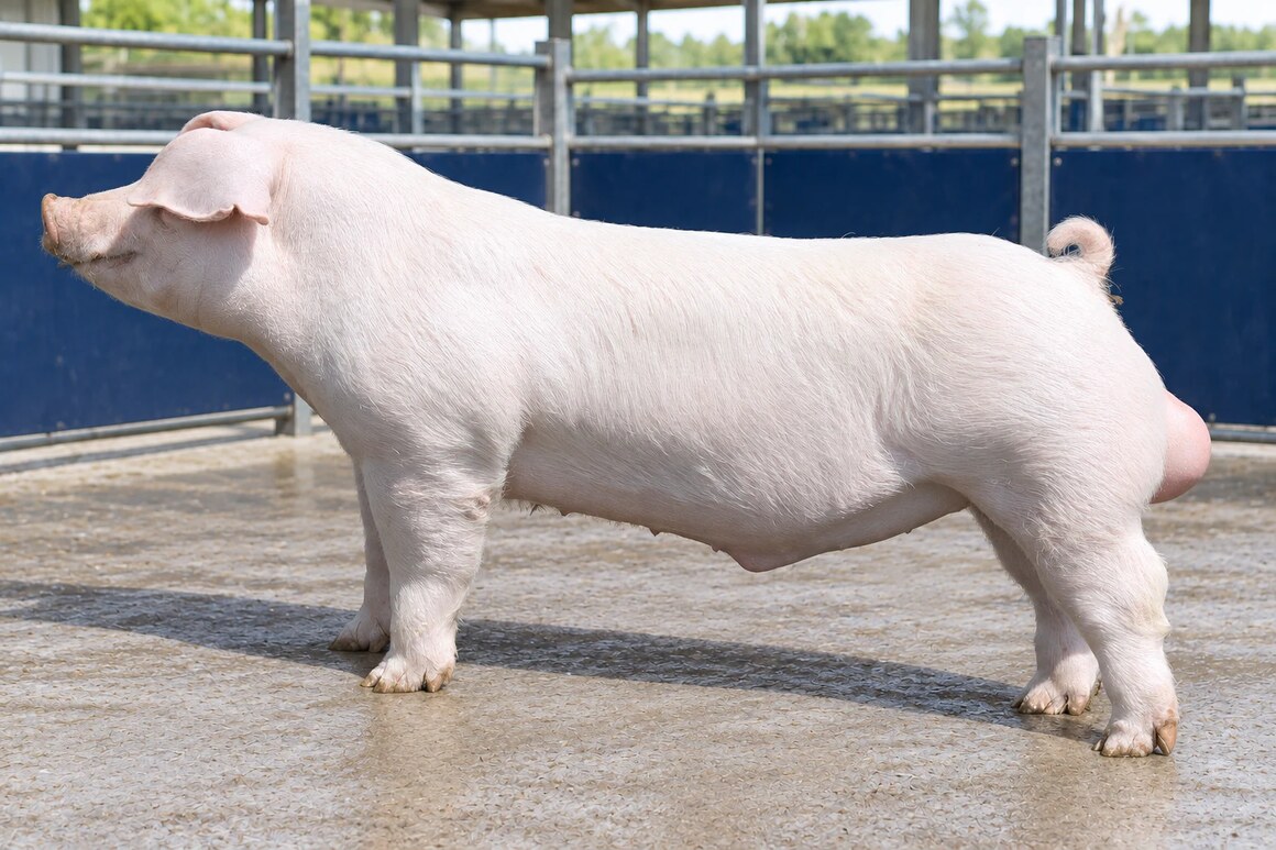 Imagen de referencia: padrillo Landrace de perfil en un corral individual