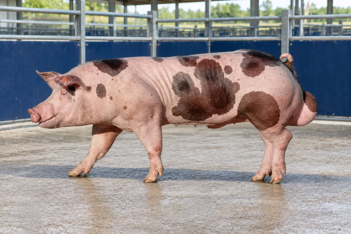 Imagen de referencia: padrillo Pietrain de perfil en un corral individual