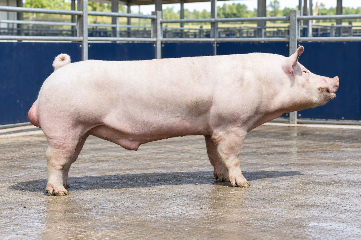 Imagen de referencia: padrillo Yorkshire de perfil en un corral individual